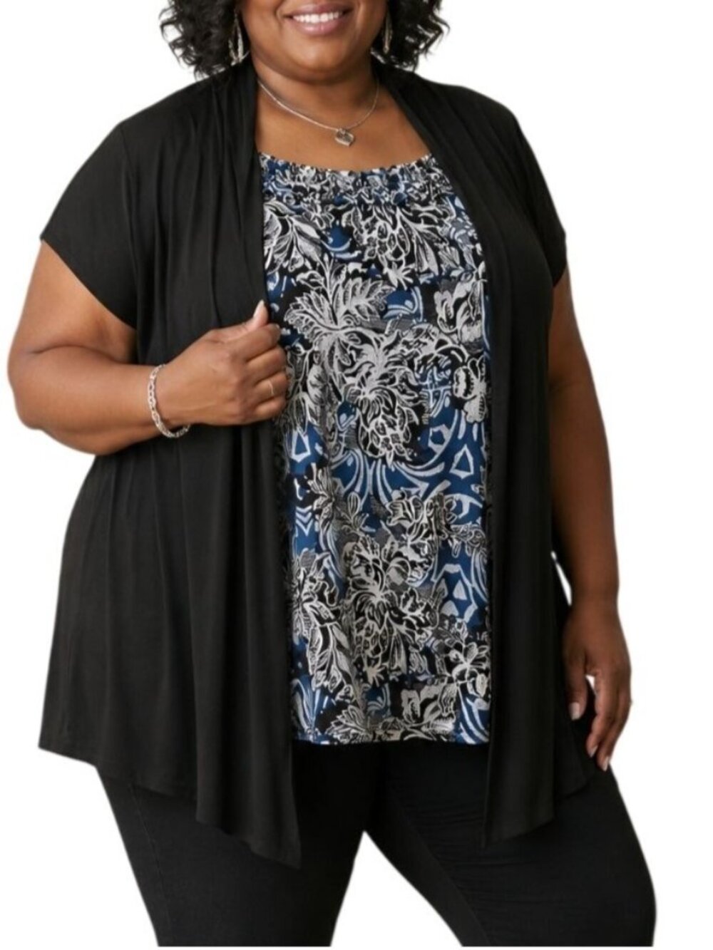 Judith Plus Size 3X Tank Floral Print & Black Cardigan Lightweight Blue/White